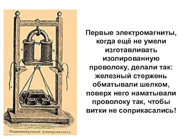 Первые электромагниты, когда ещё не умели изготавливать изолированную проволоку, делали так: