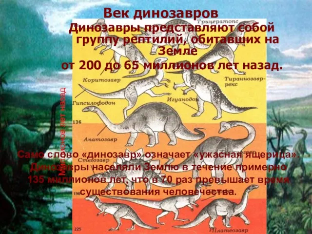 Век динозавров Динозавры представляют собой группу рептилий, обитавших на Земле от