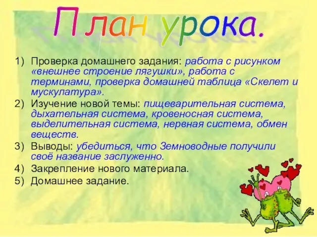 Проверка домашнего задания: работа с рисунком «внешнее строение лягушки», работа с