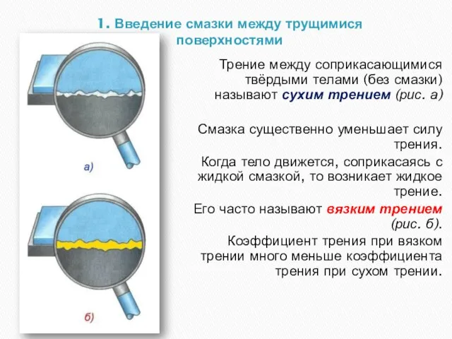 Трение между соприкасающимися твёрдыми телами (без смазки) называют сухим трением (рис.