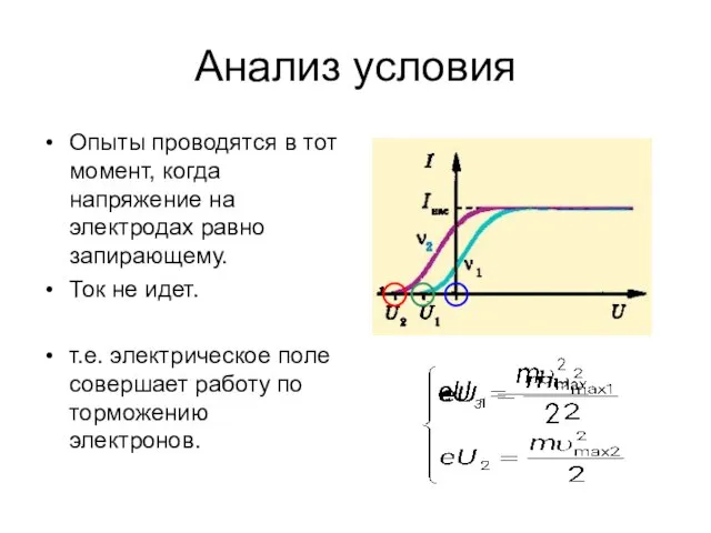 Анализ условия Опыты проводятся в тот момент, когда напряжение на электродах