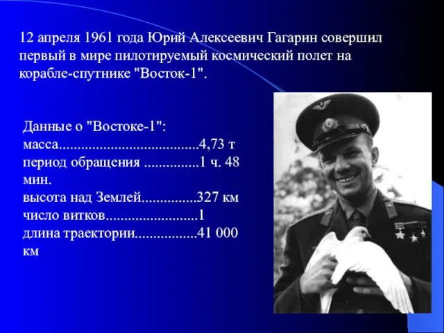 12 апреля 1961 года Юрий Алексеевич Гагарин совершил первый в мире
