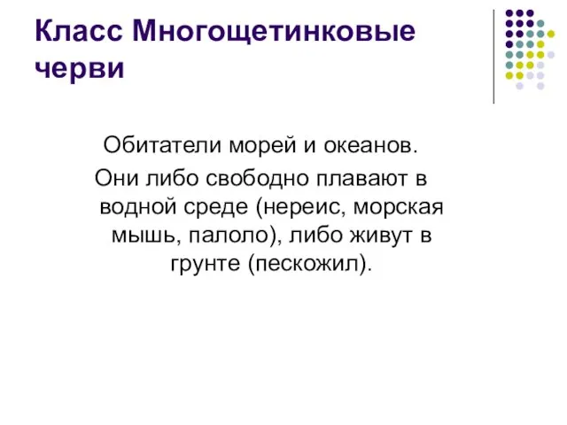 Класс Многощетинковые черви Обитатели морей и океанов. Они либо свободно плавают