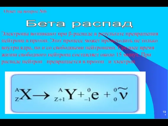 * Электроны возникают при β-распаде в результате превращения нейтрона в протон.