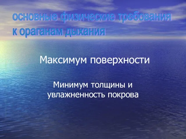 основные физические требования к ораганам дыхания Максимум поверхности Минимум толщины и увлажненность покрова