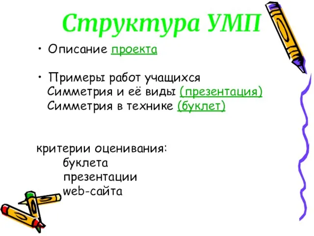 Структура УМП Описание проекта Примеры работ учащихся Симметрия и её виды