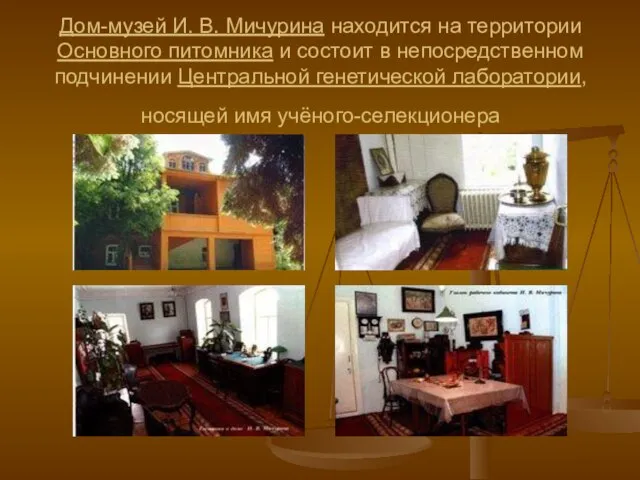Дом-музей И. В. Мичурина находится на территории Основного питомника и состоит