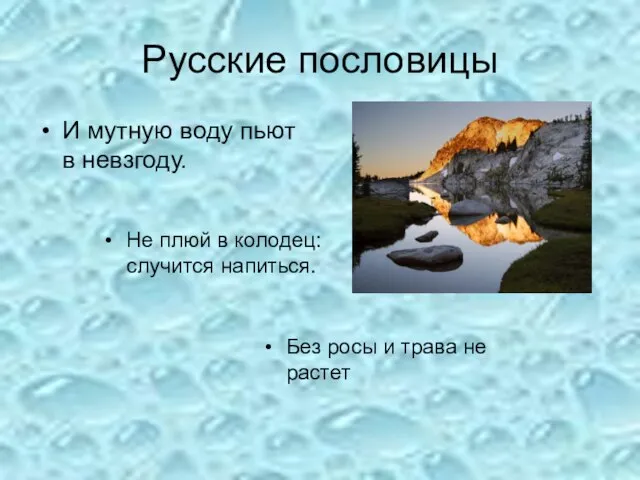 Русские пословицы И мутную воду пьют в невзгоду. Не плюй в