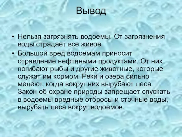 Вывод Нельзя загрязнять водоемы. От загрязнения воды страдает все живое. Большой