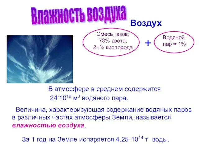 Воздух + Смесь газов: 78% азота, 21% кислорода Водяной пар ≈