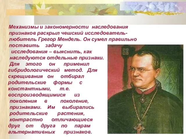 Механизмы и закономерности наследования признаков раскрыл чешский исследователь-любитель Грегор Мендель. Он