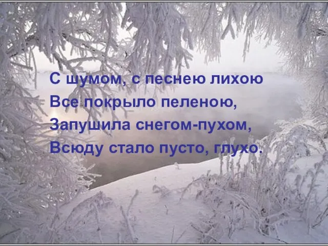 С шумом, с песнею лихою Все покрыло пеленою, Запушила снегом-пухом, Всюду стало пусто, глухо.