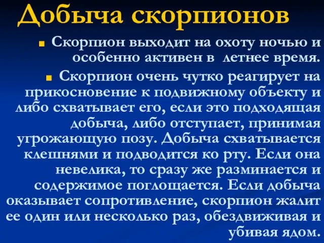 Добыча скорпионов Скорпион выходит на охоту ночью и особенно активен в