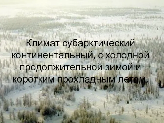 Климат субарктический континентальный, с холодной продолжительной зимой и коротким прохладным летом.