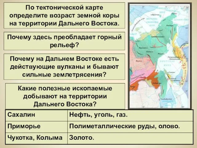 По тектонической карте определите возраст земной коры на территории Дальнего Востока.