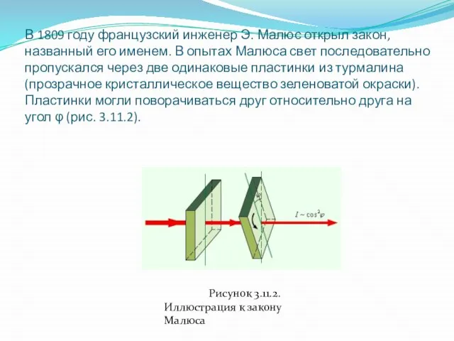 В 1809 году французский инженер Э. Малюс открыл закон, названный его