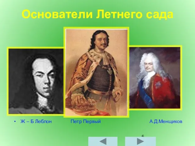 Основатели Летнего сада Петр Первый Ж – Б Леблон Петр Первый А.Д.Менщиков