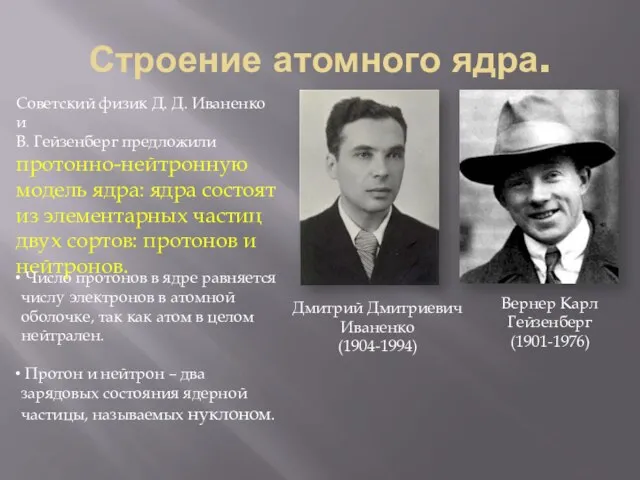 Строение атомного ядра. Вернер Карл Гейзенберг (1901-1976) Дмитрий Дмитриевич Иваненко (1904-1994)