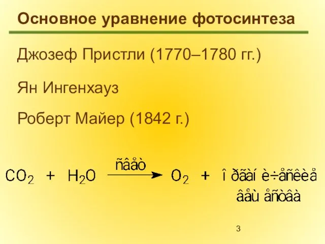 Основное уравнение фотосинтеза Джозеф Пристли (1770–1780 гг.) Ян Ингенхауз Роберт Майер (1842 г.)