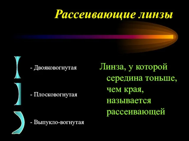 Рассеивающие линзы - Двояковогнутая - Плосковогнутая - Выпукло-вогнутая Линза, у которой