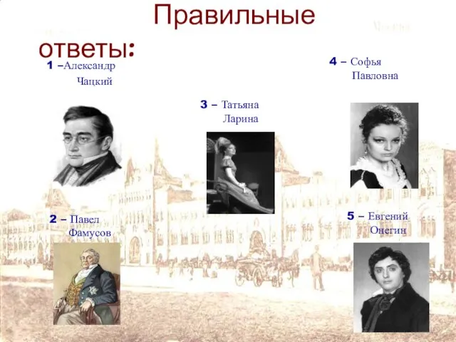 Правильные ответы: 1 –Александр Чацкий 2 – Павел Фамусов 3 –