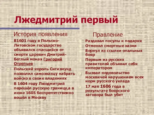 Лжедмитрий первый История появления В1601 году в Польско-Литовском государстве объявился спасшийся