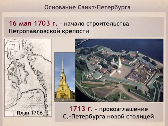 Основание Санкт-Петербурга 16 мая 1703 г. – начало строительства Петропавловской крепости