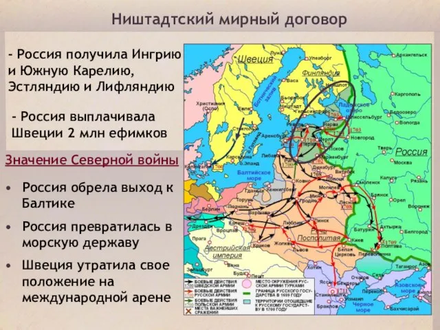 Ништадтский мирный договор - Россия получила Ингрию и Южную Карелию, Эстляндию