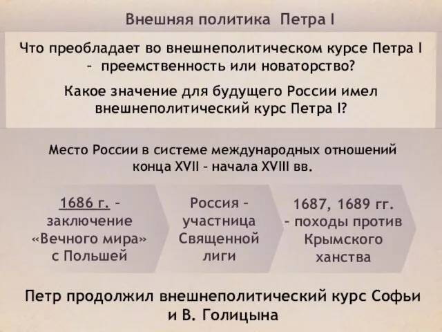 Внешняя политика Петра I Что преобладает во внешнеполитическом курсе Петра I