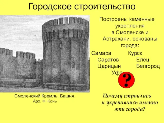 Городское строительство Построены каменные укрепления в Смоленске и Астрахани, основаны города: