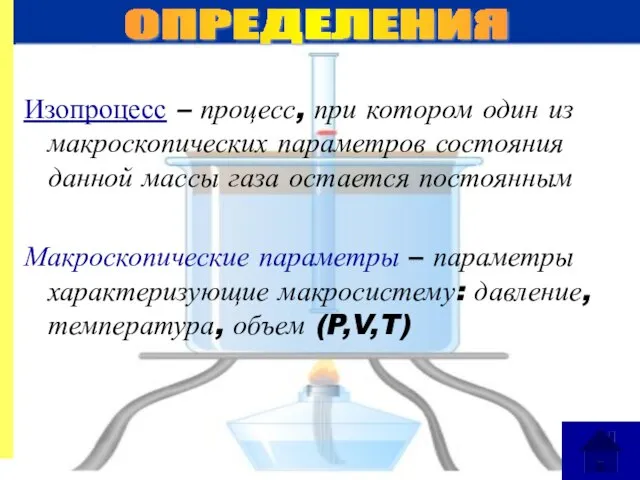 Изопроцесс – процесс, при котором один из макроскопических параметров состояния данной