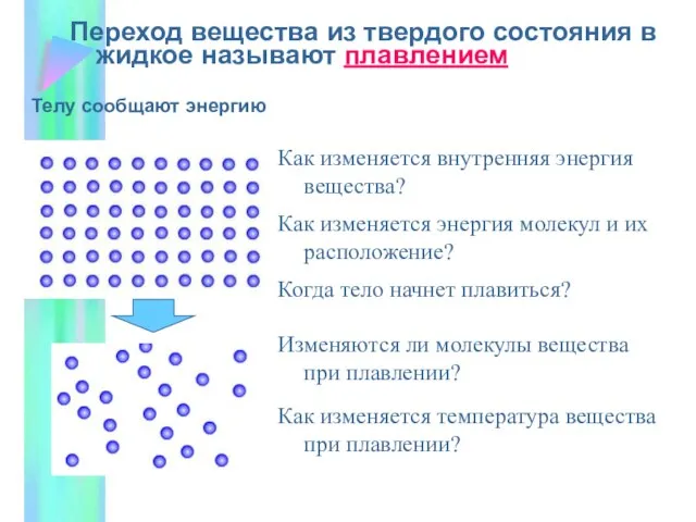 Переход вещества из твердого состояния в жидкое называют плавлением Телу сообщают