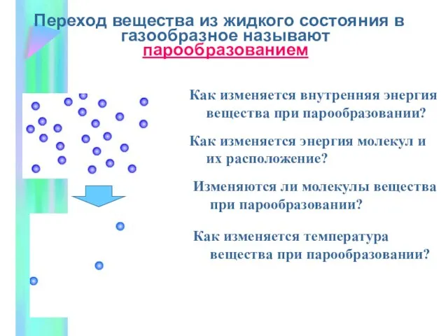 Переход вещества из жидкого состояния в газообразное называют парообразованием Как изменяется