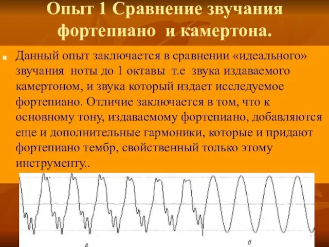 Опыт 1 Сравнение звучания фортепиано и камертона. Данный опыт заключается в