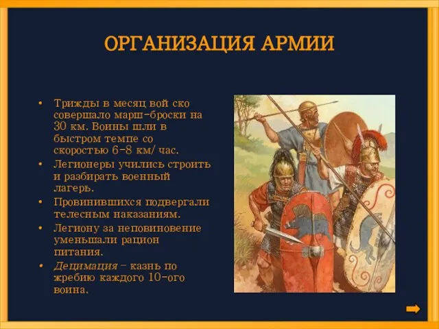 ОРГАНИЗАЦИЯ АРМИИ Трижды в месяц войско совершало марш-броски на 30 км.