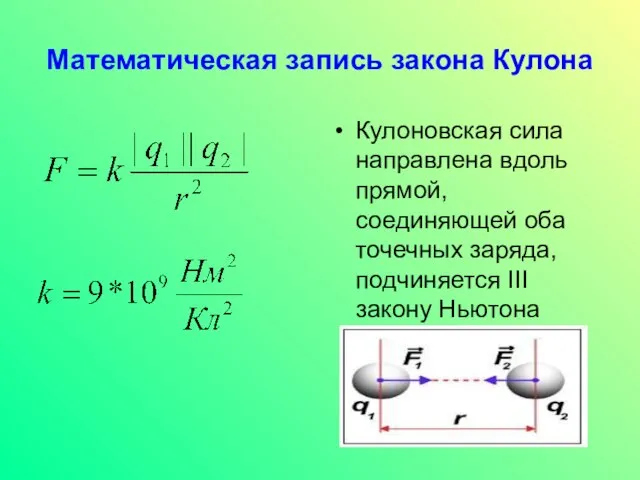 Математическая запись закона Кулона Кулоновская сила направлена вдоль прямой, соединяющей оба