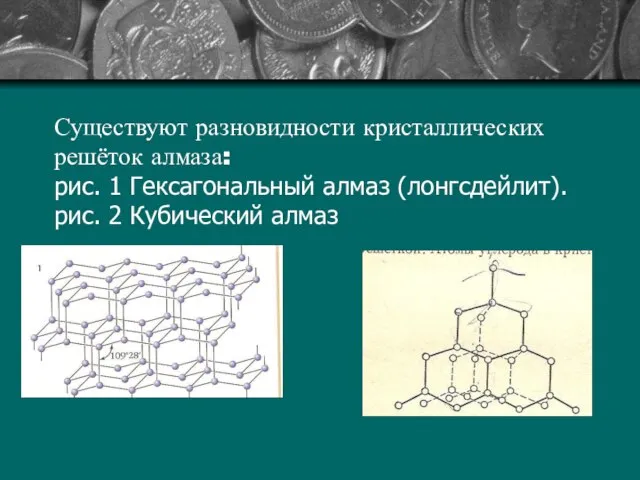 Существуют разновидности кристаллических решёток алмаза: рис. 1 Гексагональный алмаз (лонгсдейлит). рис. 2 Кубический алмаз