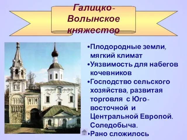 Галицко-Волынское княжество Плодородные земли, мягкий климат Уязвимость для набегов кочевников Господство