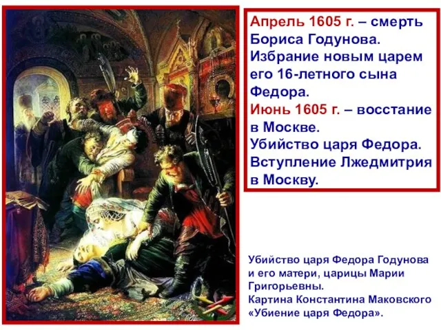 Апрель 1605 г. – смерть Бориса Годунова. Избрание новым царем его