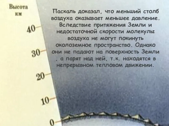 Паскаль доказал, что меньший столб воздуха оказывает меньшее давление.Вследствие притяжения Земли