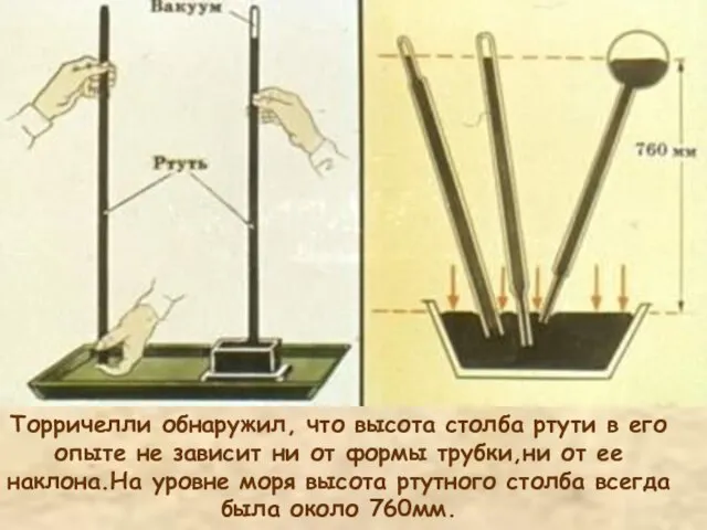 Торричелли обнаружил, что высота столба ртути в его опыте не зависит