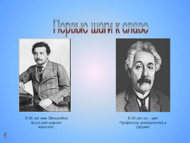 Первые шаги к славе В 26 лет имя Эйнштейна было уже