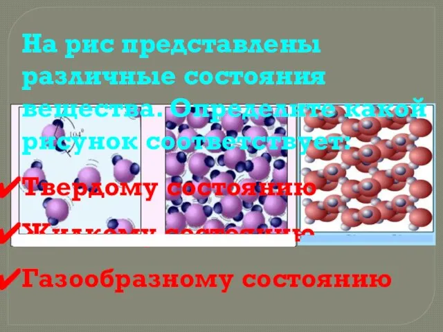 На рис представлены различные состояния вещества. Определите какой рисунок соответствует: Твердому состоянию Жидкому состоянию Газообразному состоянию