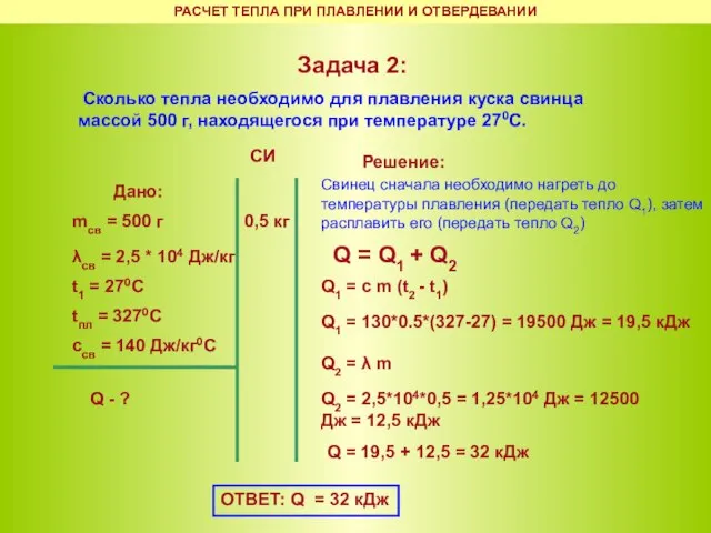 Задача 2: Сколько тепла необходимо для плавления куска свинца массой 500