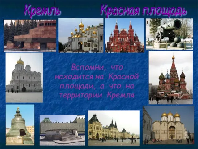 Вспомни, что находится на Красной площади, а что на территории Кремля Кремль Красная площадь