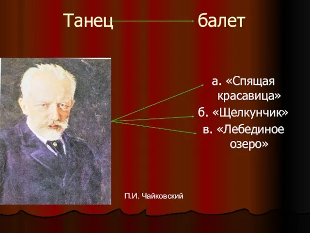 Танец балет а. «Спящая красавица» б. «Щелкунчик» в. «Лебединое озеро» П.И. Чайковский