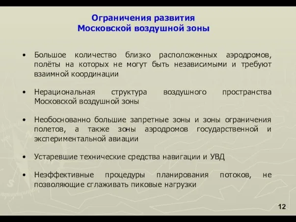 Ограничения развития Московской воздушной зоны Большое количество близко расположенных аэродромов, полёты