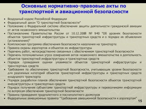 Основные нормативно-правовые акты по транспортной и авиационной безопасности Воздушный кодекс Российской