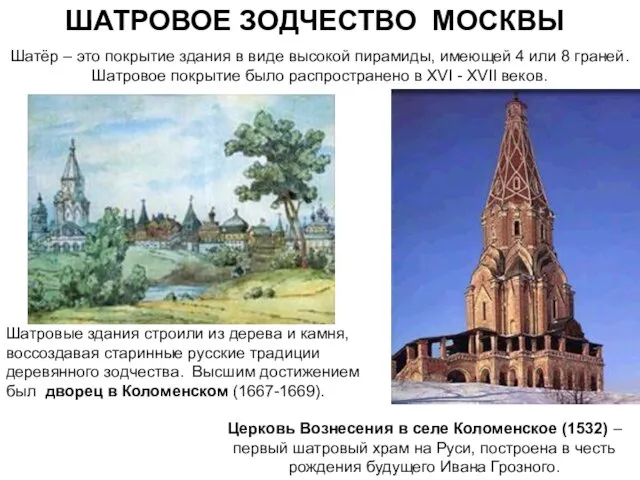 ШАТРОВОЕ ЗОДЧЕСТВО МОСКВЫ Шатёр – это покрытие здания в виде высокой