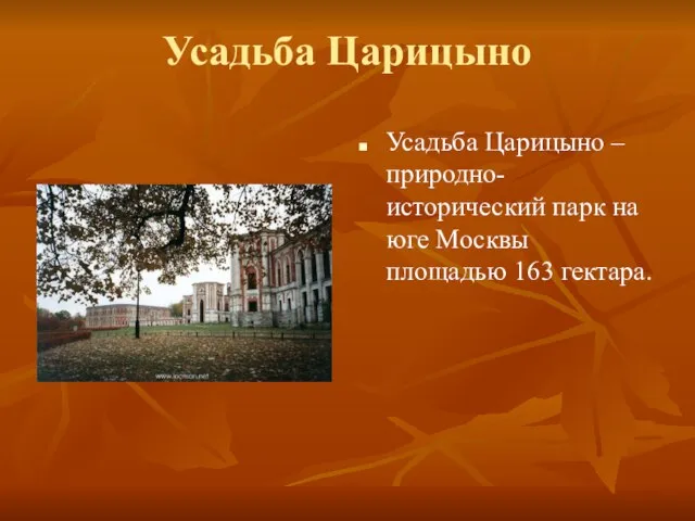 Усадьба Царицыно Усадьба Царицыно – природно-исторический парк на юге Москвы площадью 163 гектара.